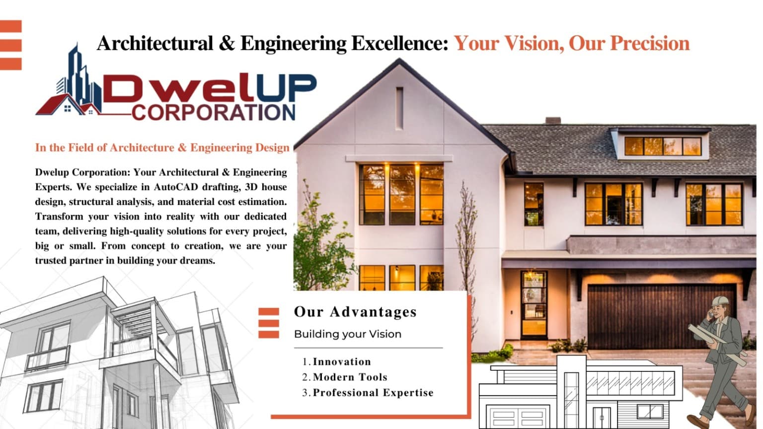 Architecture and engineering flyer with residential design visuals