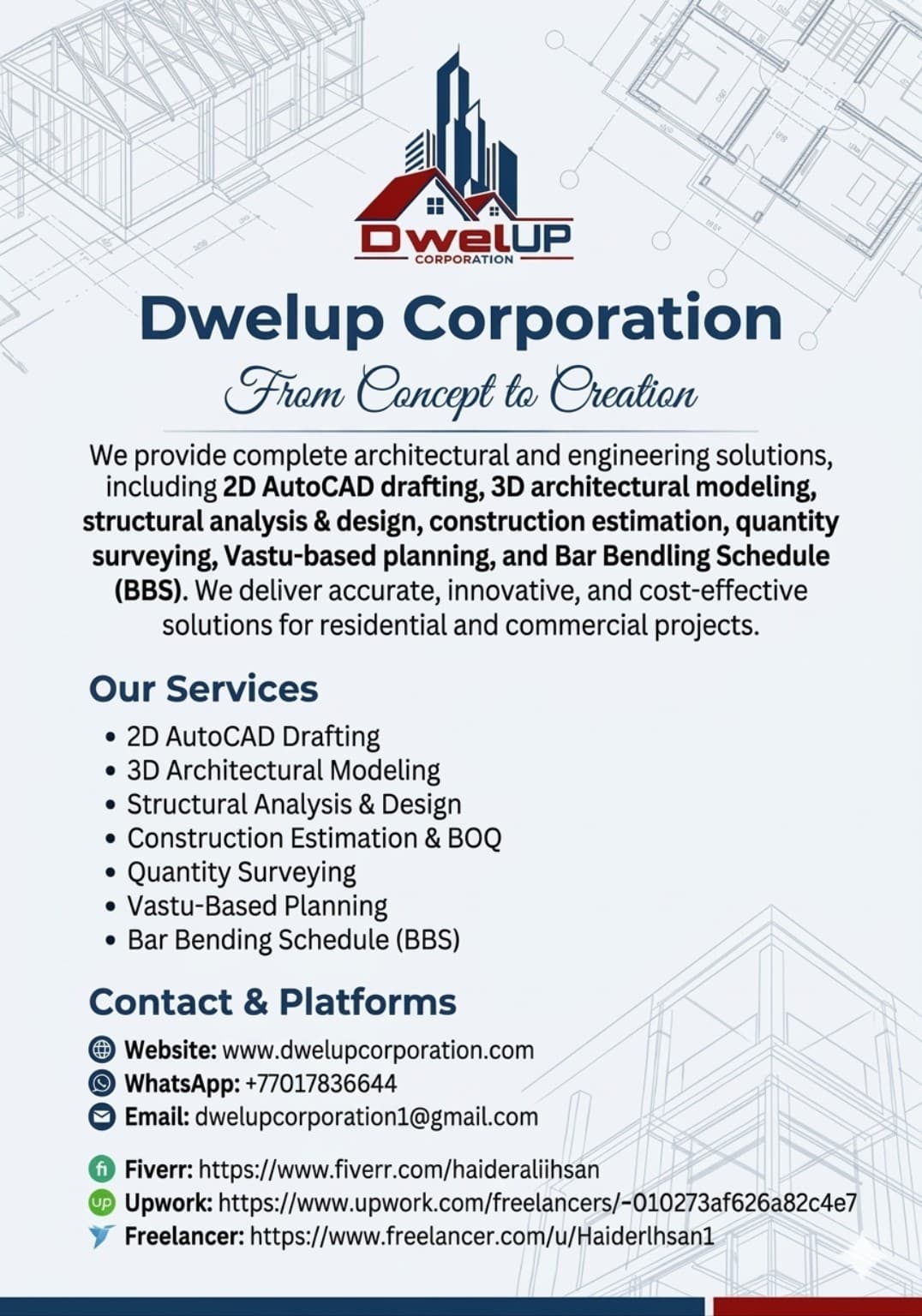 Company service overview that includes quantity surveying