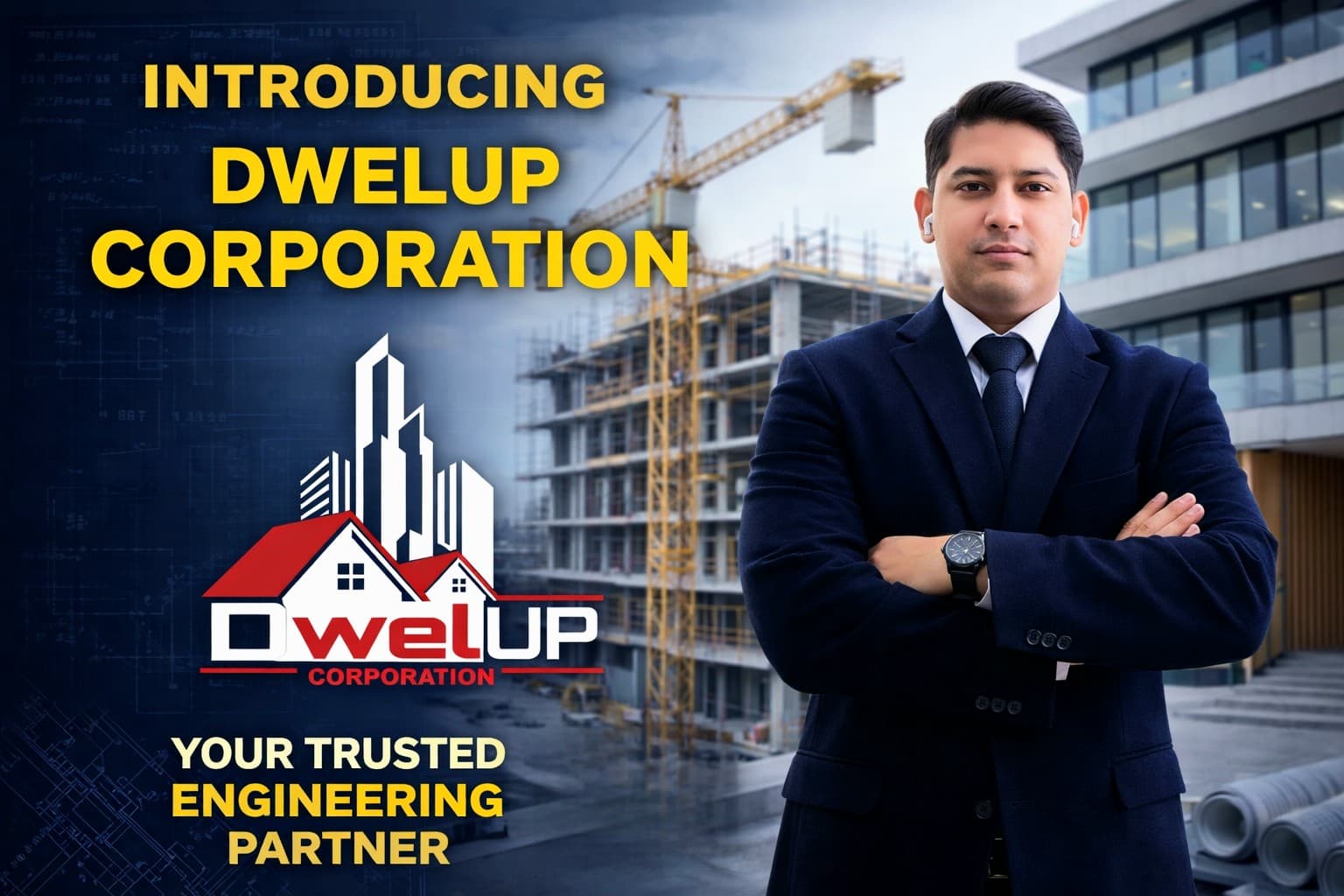 Dwelup engineering introduction banner with founder profile