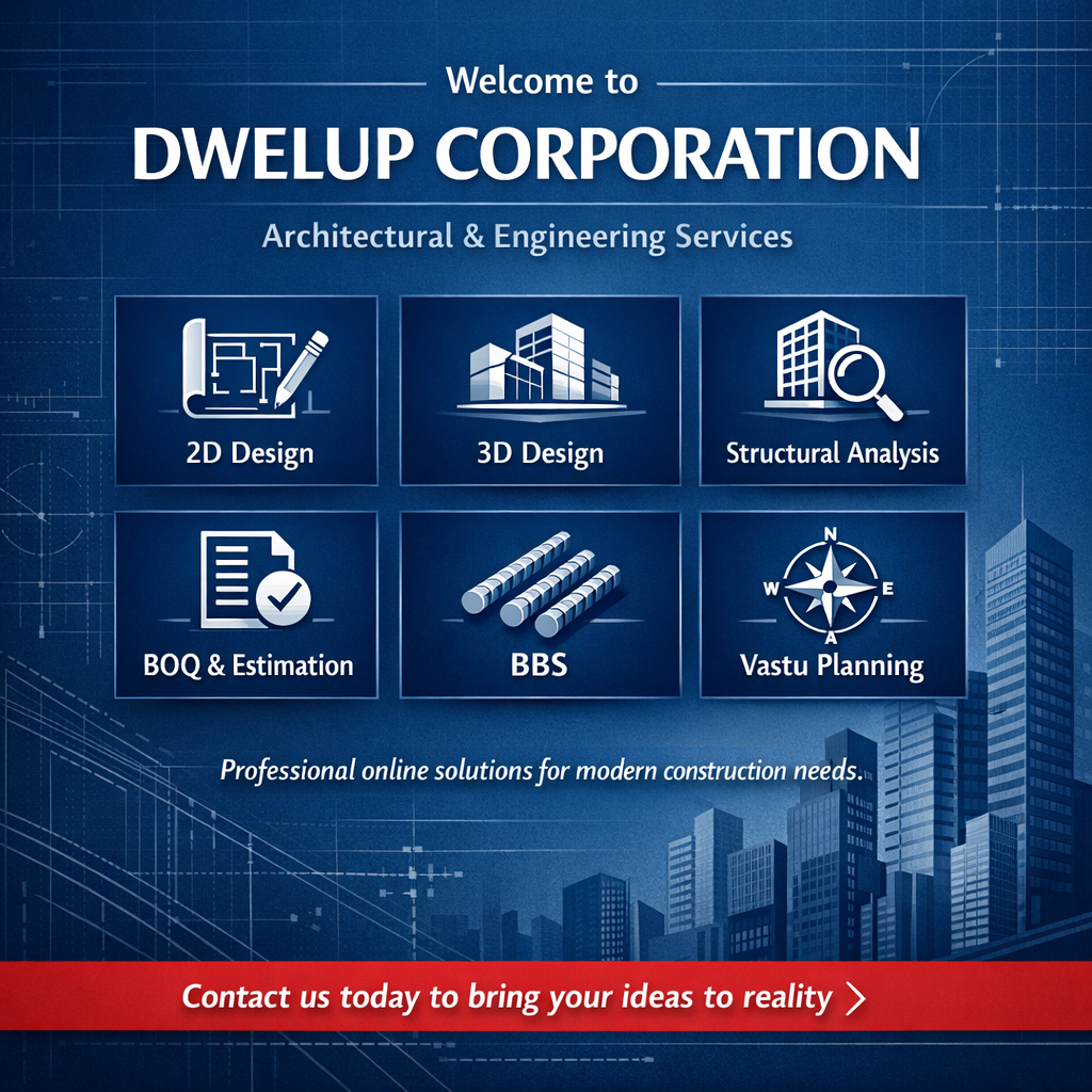An overview visual showing Dwelup Corporation's architectural and engineering service scope.